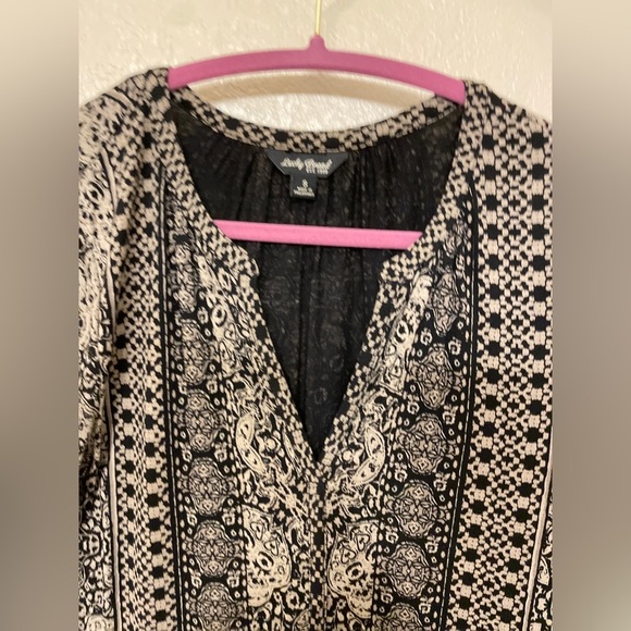 Lucky Brand Black Tan Midi Long Slv V neck Dress Pockets Tribal Boho Festival S - Picture 4 of 12